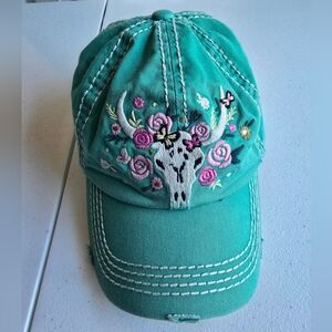 Kbethos Vintage Embroidered Teal Cap with Floral Design.